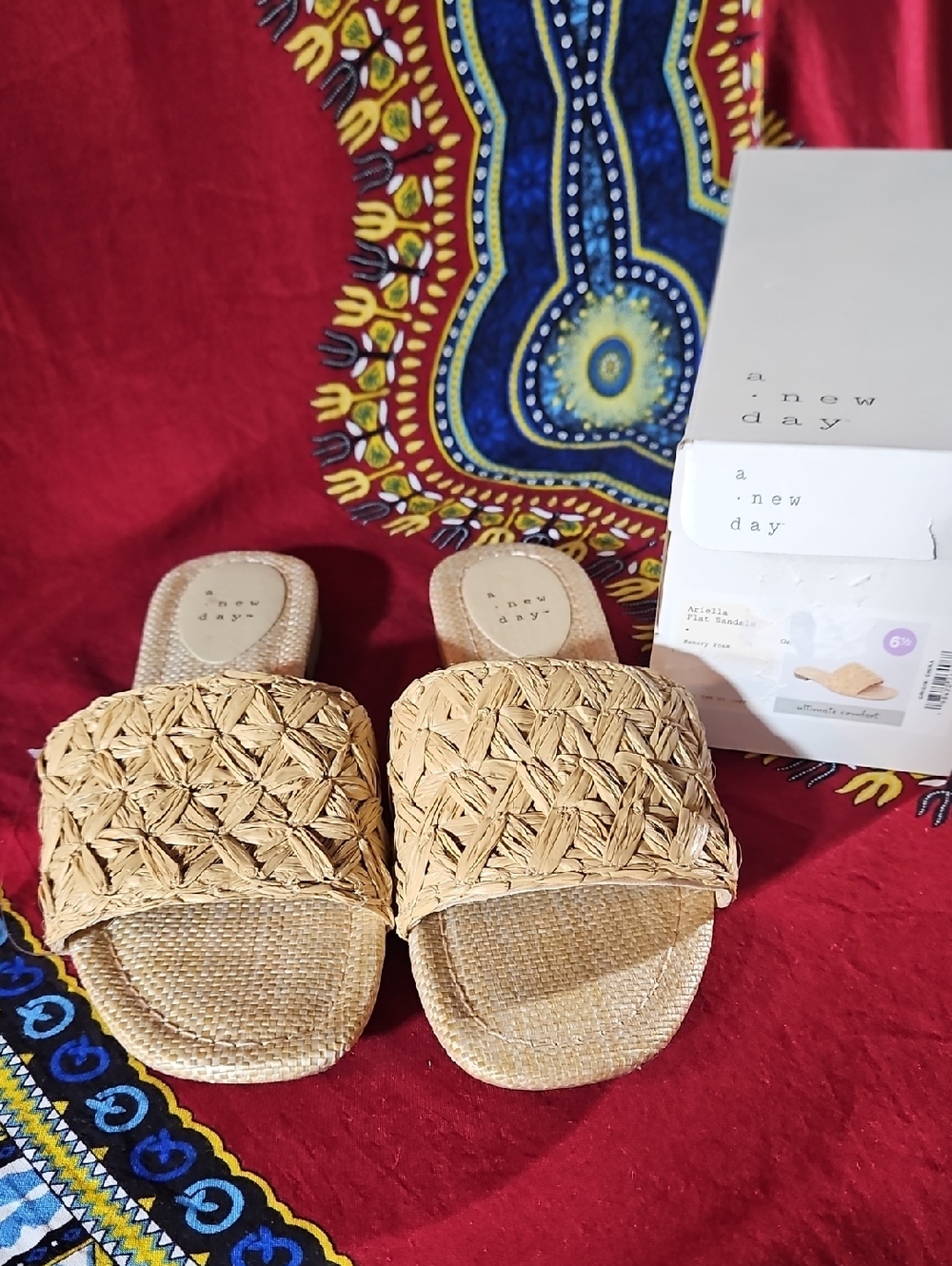 A New Day "Ariella" Raffia Woven Slide Sandals, New in Box with Tags